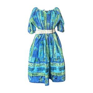 Vintage Patterned Muumuu Dress w/ Blue-Green Abstract Print - 80s/90s - Size M